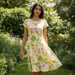 American Living Floral Dress Yellow Spring Lily Cutout Back 100% Cotton Brunch M